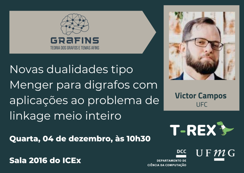 dia 04/12 às 10h30 na sala 2016, Palestra | Novas dualidades tipo Menger para digrafos com aplicações ao problema de linkage meio inteiro | Victor Campos da Universidade Federal do Ceara