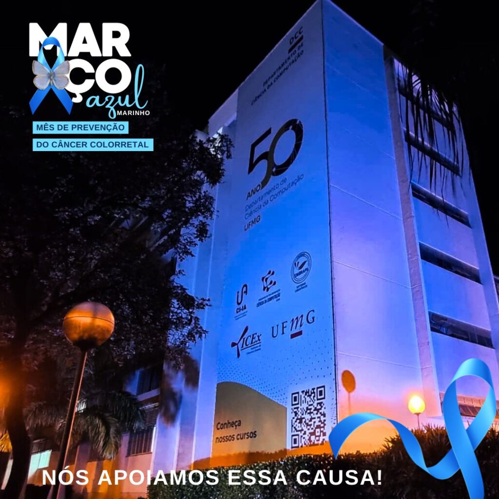Iluminação azul da fachada do DCC reforça a conscientização sobre o câncer colorretal