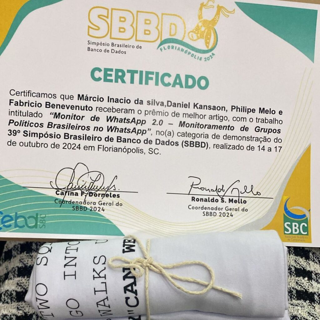 Artigo sobre monitoramento no WhatsApp de grupos políticos brasileiros é premiado no SBBD 2024