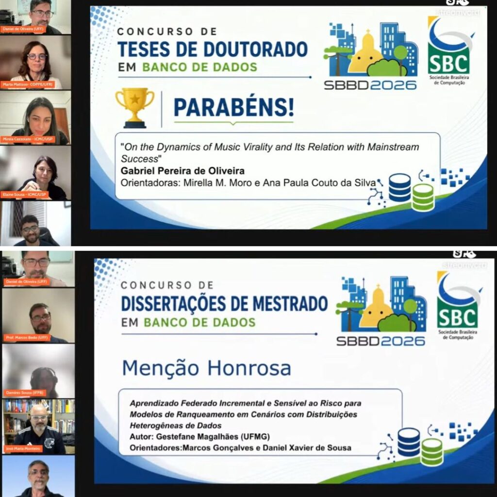 Pesquisas do DCC conquistam primeiro lugar no doutorado e Menção Honrosa no SBBD 2026