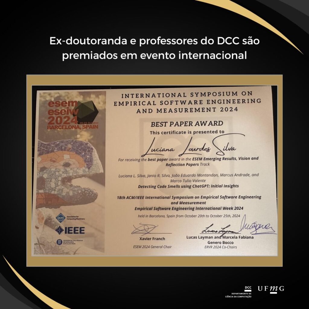 Ex-doutoranda e professores do DCC são premiados em evento internacional